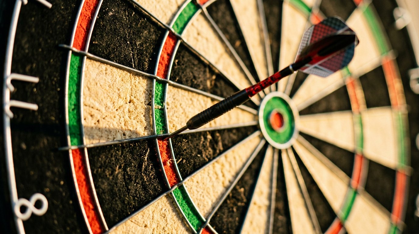 A dart landed off-center on a dartboard in warm light
