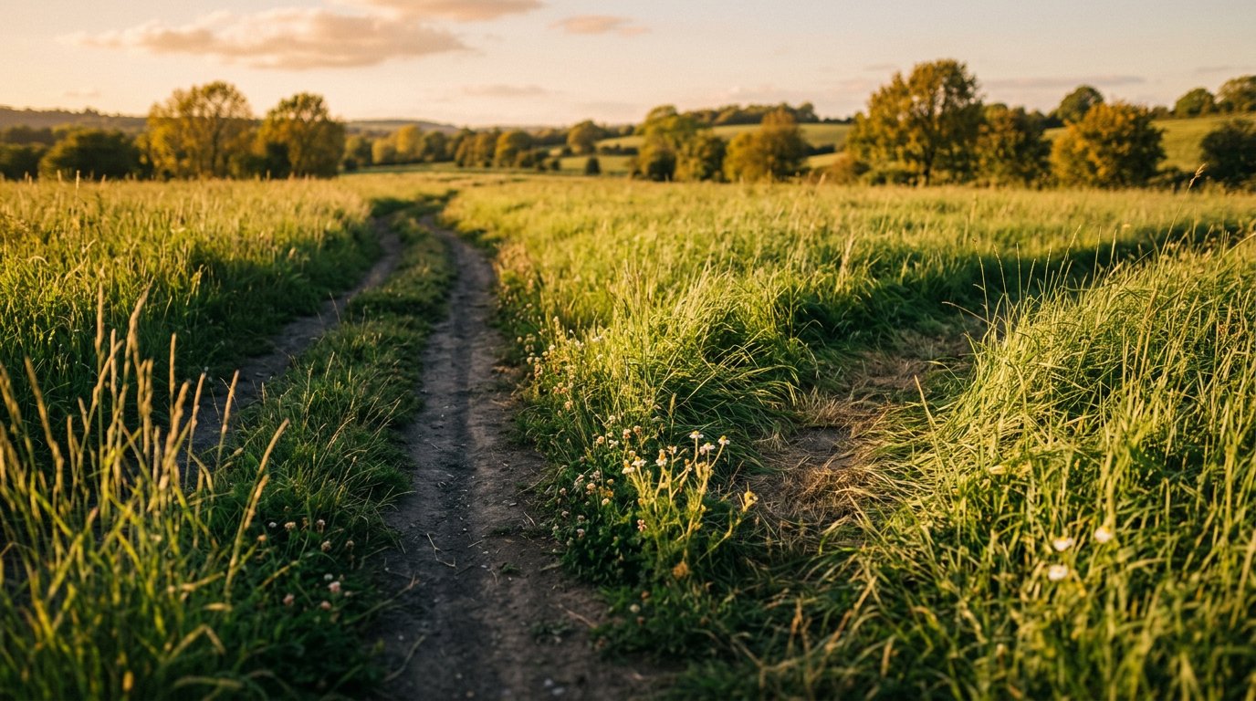 A worn grass path with a new trail branching off