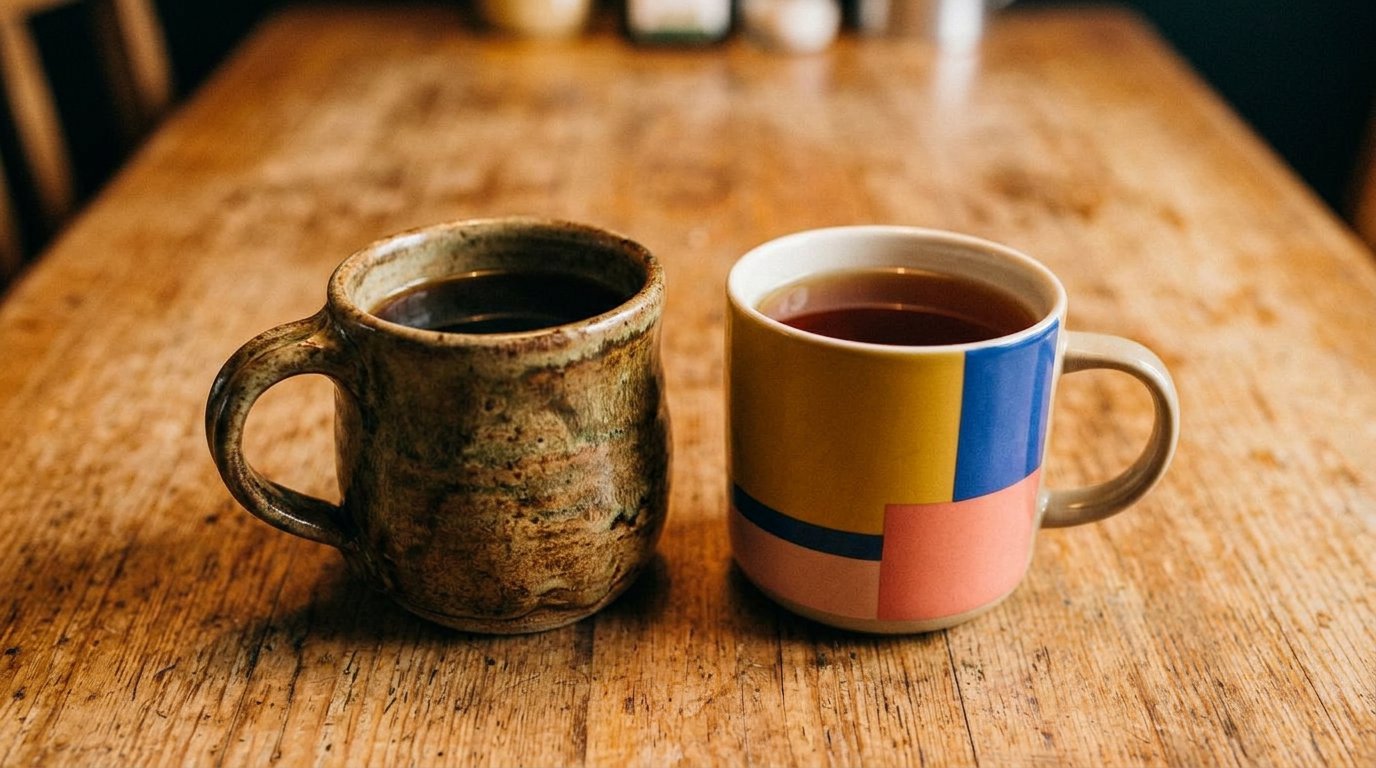 Two mismatched coffee mugs side by side on a wooden table