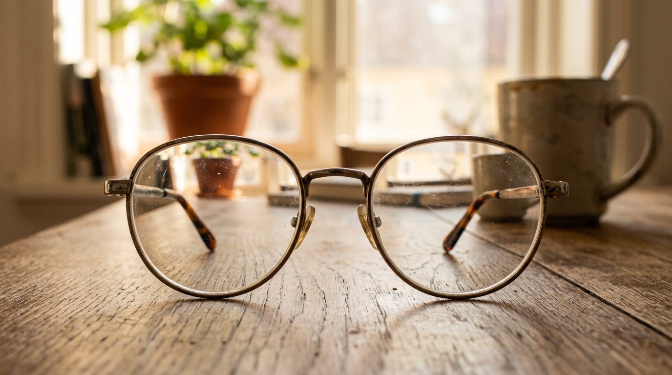 Glasses on a table distorting the view through their lenses