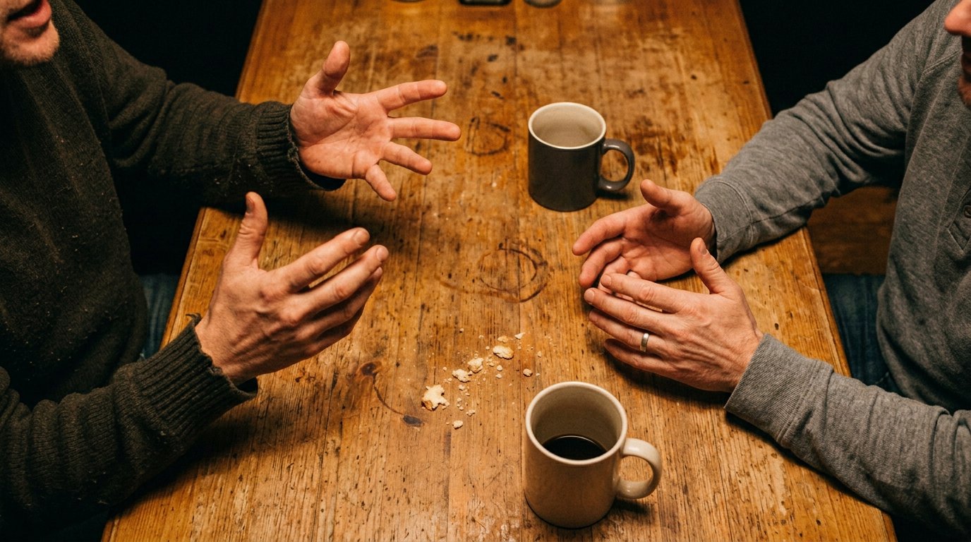 Two pairs of hands on a kitchen table, one gesturing and the other mirroring