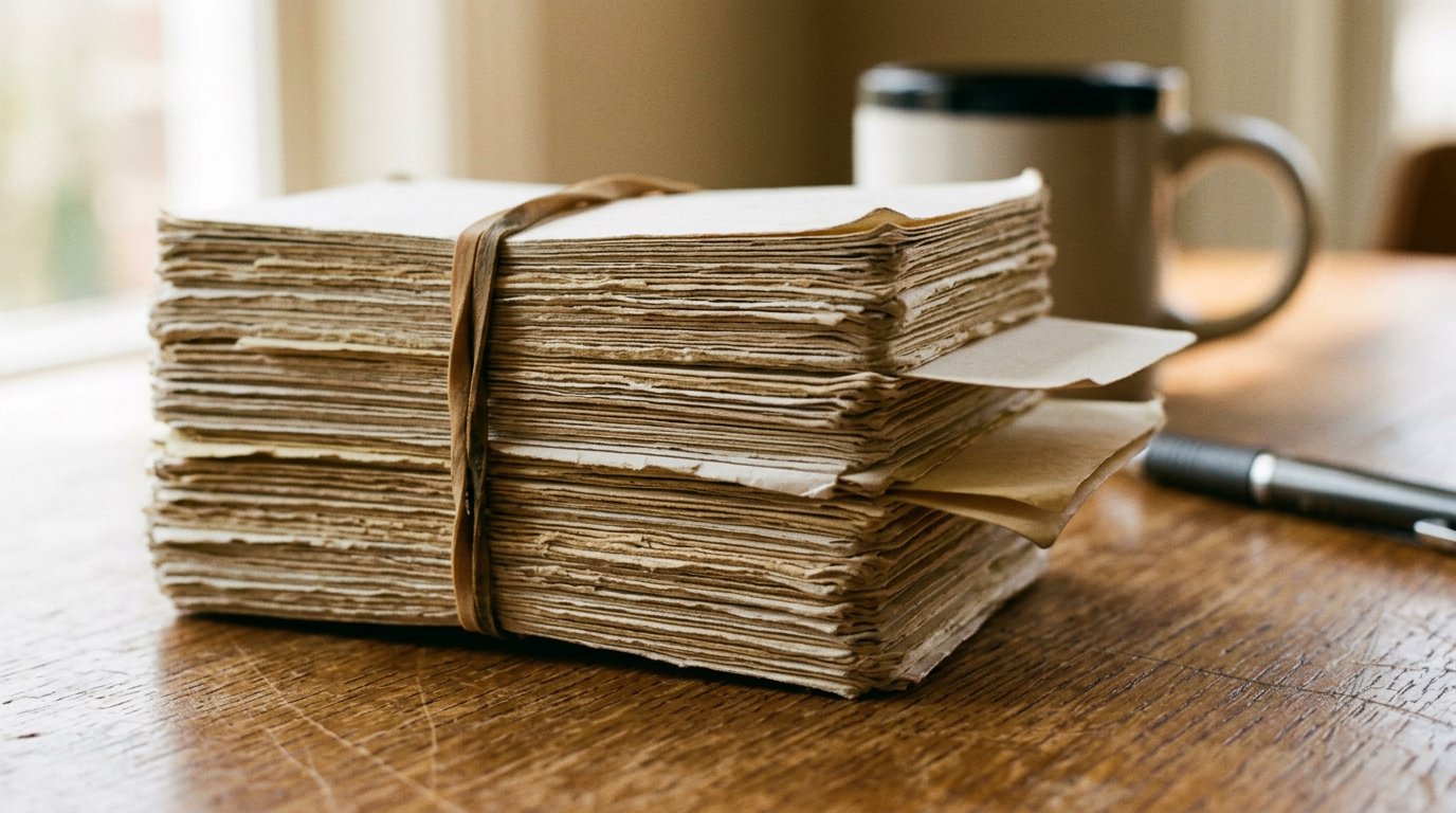 A stack of flashcards held by a rubber band, seen from the side